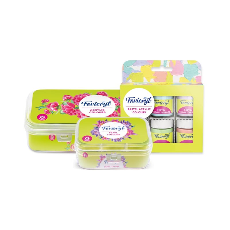 Pidilite Fevicryl Acrylic Colours Sunflower Kit Diy, Pearl Kit 6 Shades And Pastel Acrylic Colours Kit 6 Shades. Multisurface Colours | Gift For Artists, Students, Children - Image 1