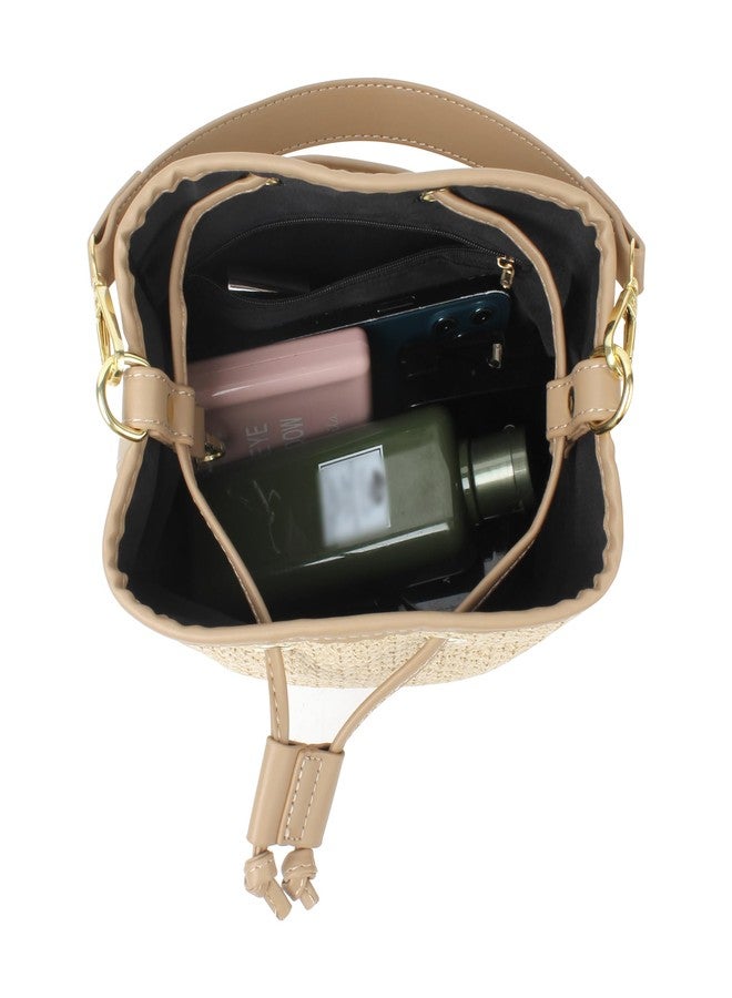 Lobagve Straw Shoulder Bag Straw Tote Crossbody Bag Handwoven Drawstring Bucket Bag Beach Bag - Image 4