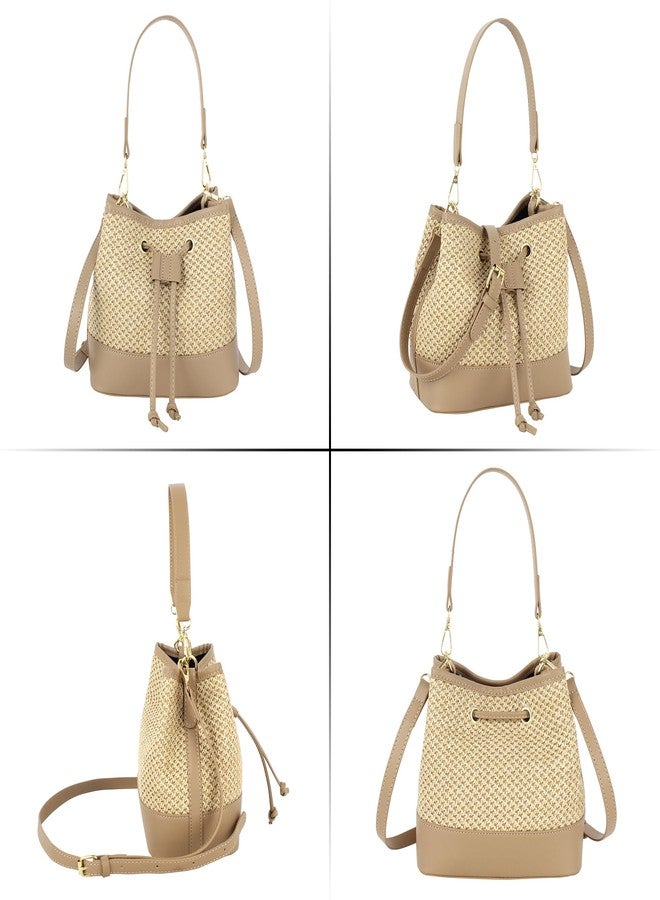 Lobagve Straw Shoulder Bag Straw Tote Crossbody Bag Handwoven Drawstring Bucket Bag Beach Bag - Image 3
