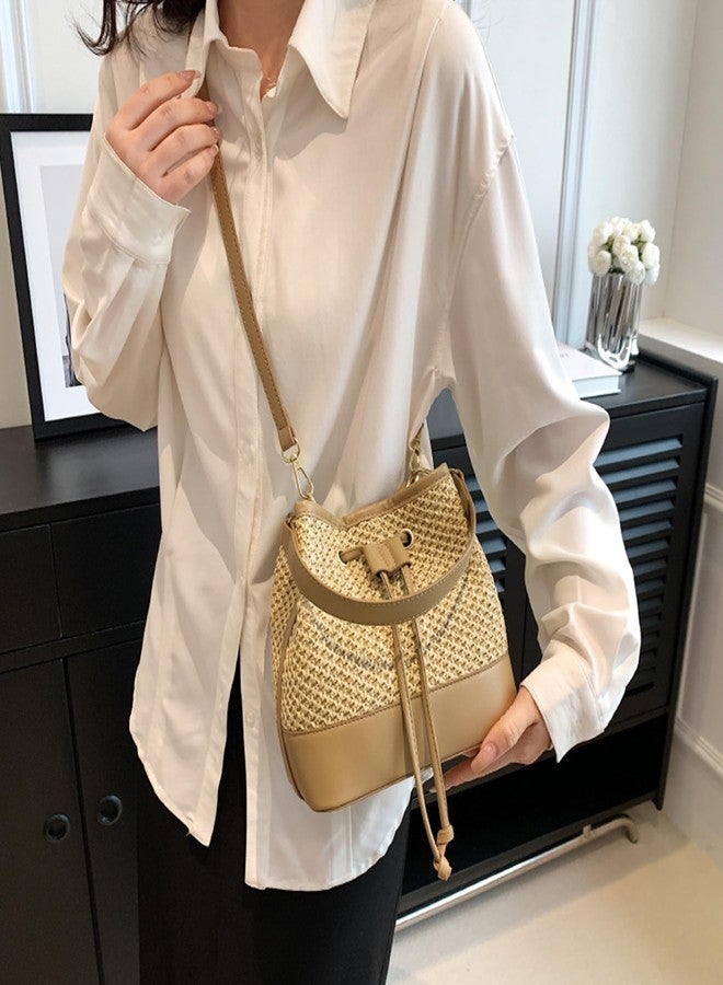 Lobagve Straw Shoulder Bag Straw Tote Crossbody Bag Handwoven Drawstring Bucket Bag Beach Bag - Image 2