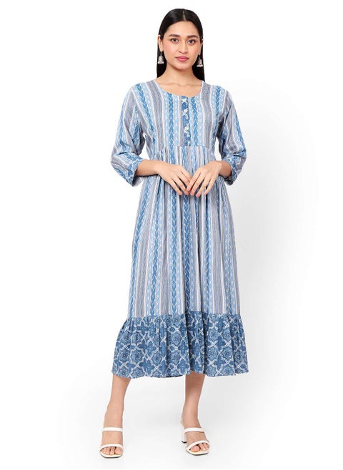 STRIP PRINTED BLUE COLOUR SHORT FRONT STYLED BUTTONED  ARABIC KAFTAN JALABIYA DRESS