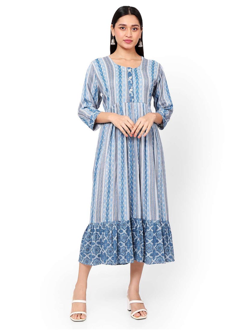 HANA & SARA - STRIP PRINTED BLUE COLOUR SHORT FRONT STYLED BUTTONED  ARABIC KAFTAN JALABIYA DRESS - Image 1