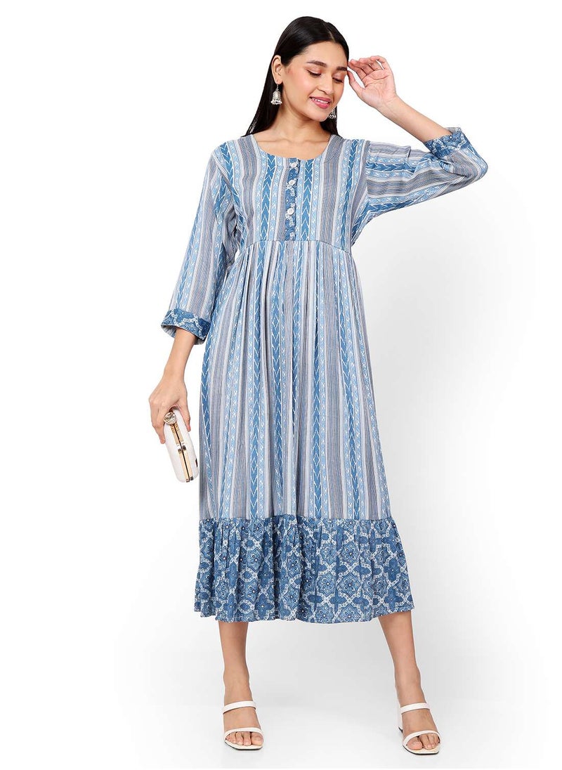 HANA & SARA - STRIP PRINTED BLUE COLOUR SHORT FRONT STYLED BUTTONED  ARABIC KAFTAN JALABIYA DRESS - Image 1