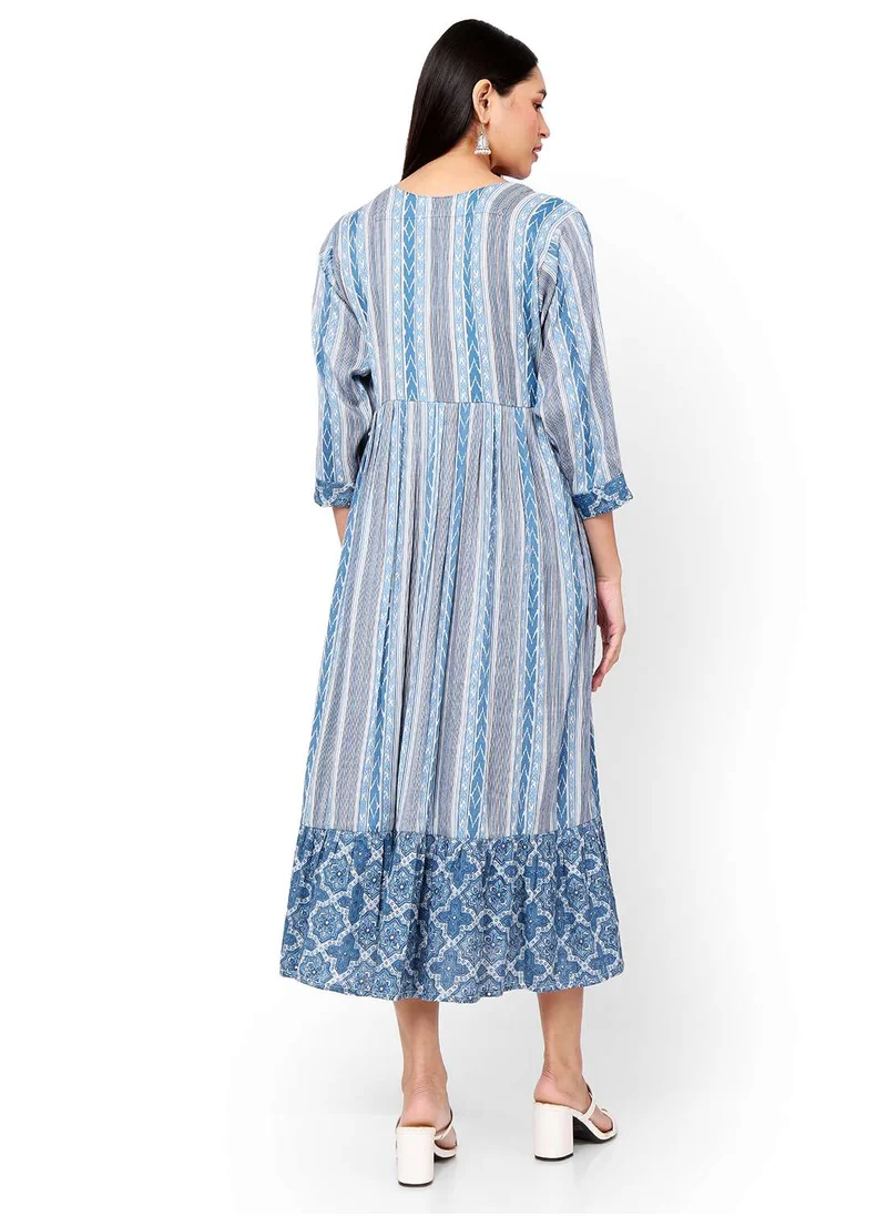 هانا آند سارا STRIP PRINTED BLUE COLOUR SHORT FRONT STYLED BUTTONED  ARABIC KAFTAN JALABIYA DRESS