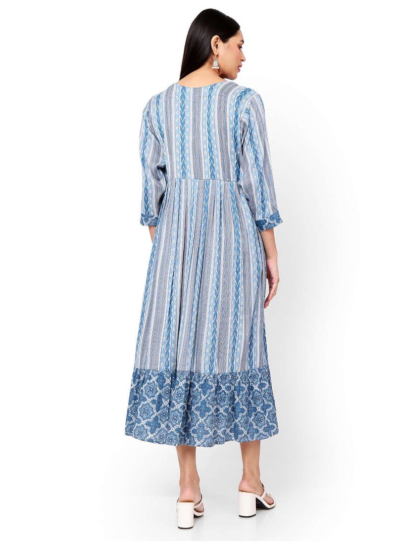 HANA & SARA - STRIP PRINTED BLUE COLOUR SHORT FRONT STYLED BUTTONED  ARABIC KAFTAN JALABIYA DRESS - Image 1