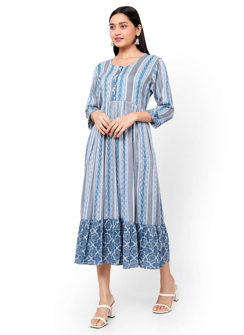 HANA & SARA - STRIP PRINTED BLUE COLOUR SHORT FRONT STYLED BUTTONED  ARABIC KAFTAN JALABIYA DRESS - Image 1