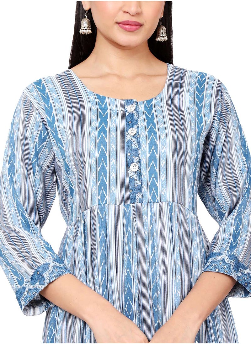 HANA & SARA - STRIP PRINTED BLUE COLOUR SHORT FRONT STYLED BUTTONED  ARABIC KAFTAN JALABIYA DRESS - Image 1