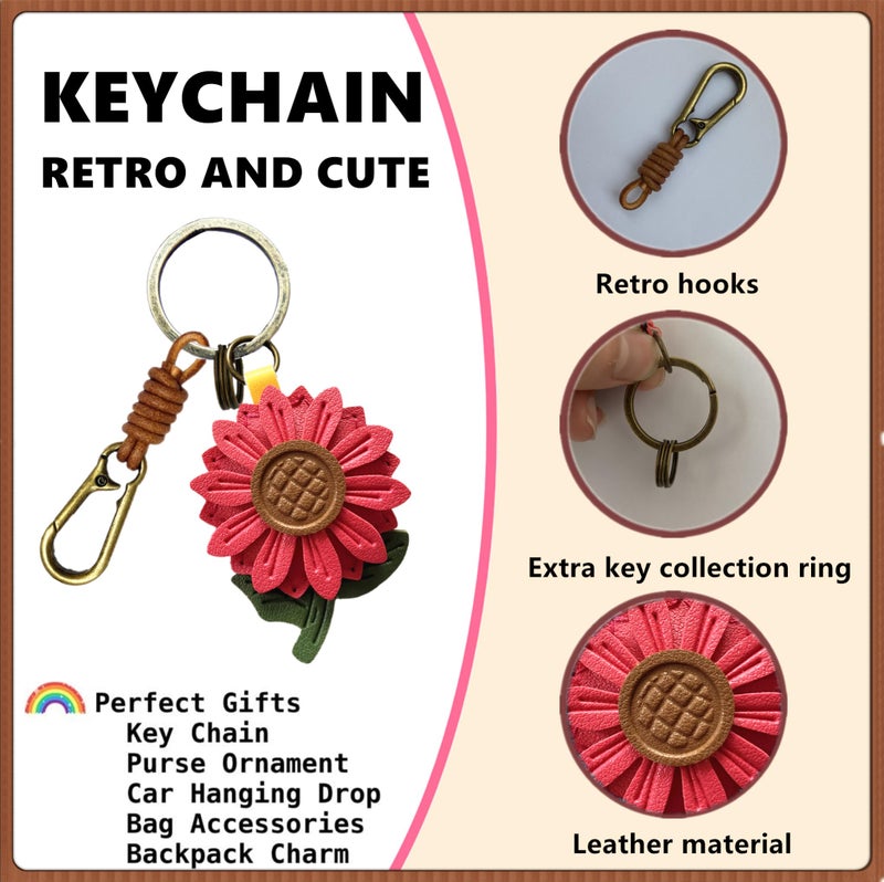 ZOUITY Leather Leaf Fruit Keychain Retro Accessories,Cute Keychains for Women Wallet Bag,Purse Keyring Holder,Women's Key Organizer and Keychains Pendant Charms(Red Daisy) - Image 4