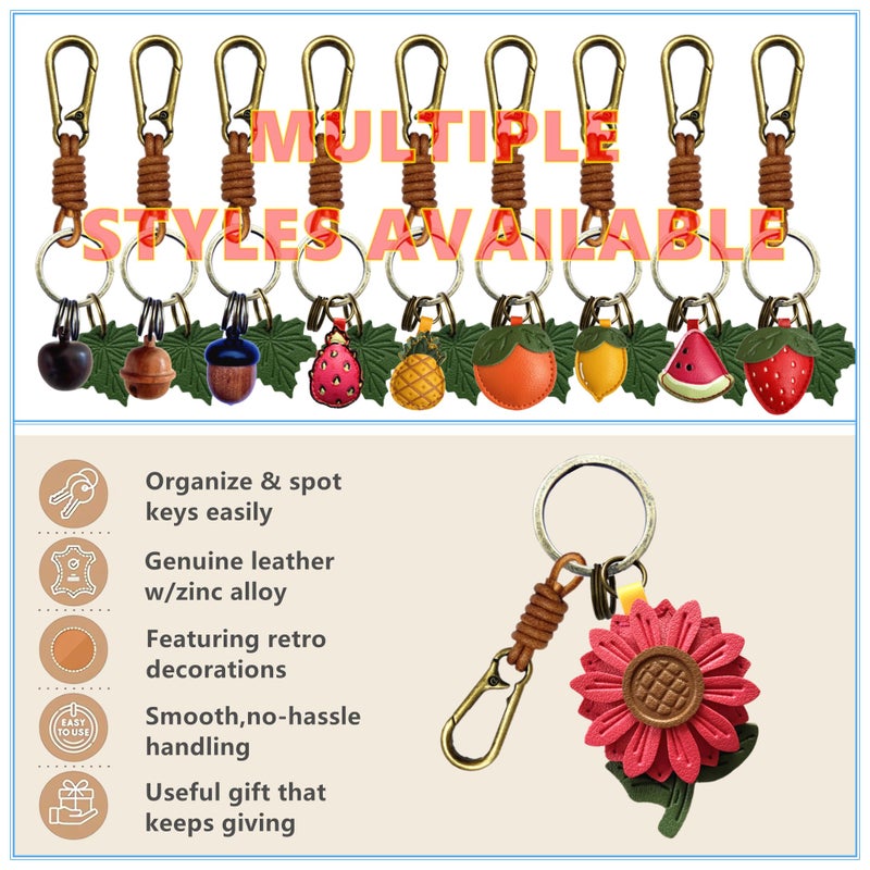 ZOUITY Leather Leaf Fruit Keychain Retro Accessories,Cute Keychains for Women Wallet Bag,Purse Keyring Holder,Women's Key Organizer and Keychains Pendant Charms(Red Daisy) - Image 5