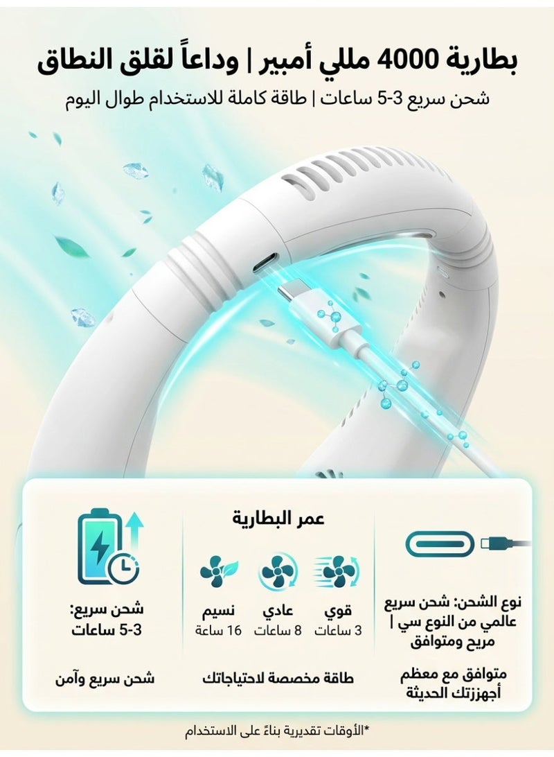 مروحة عنق، مروحة محمولة للرقبة، مروحة قابلة للارتداء بدون شفرات مع تدفق هواء 360°، شريحة تبريد، 3 سرعات قابلة للتعديل مع شاشة LED، قابلة لإعادة الشحن 4000 مللي أمبير، مروحة قابلة للارتداء للتبريد، هادئة، أبيض - Image 4