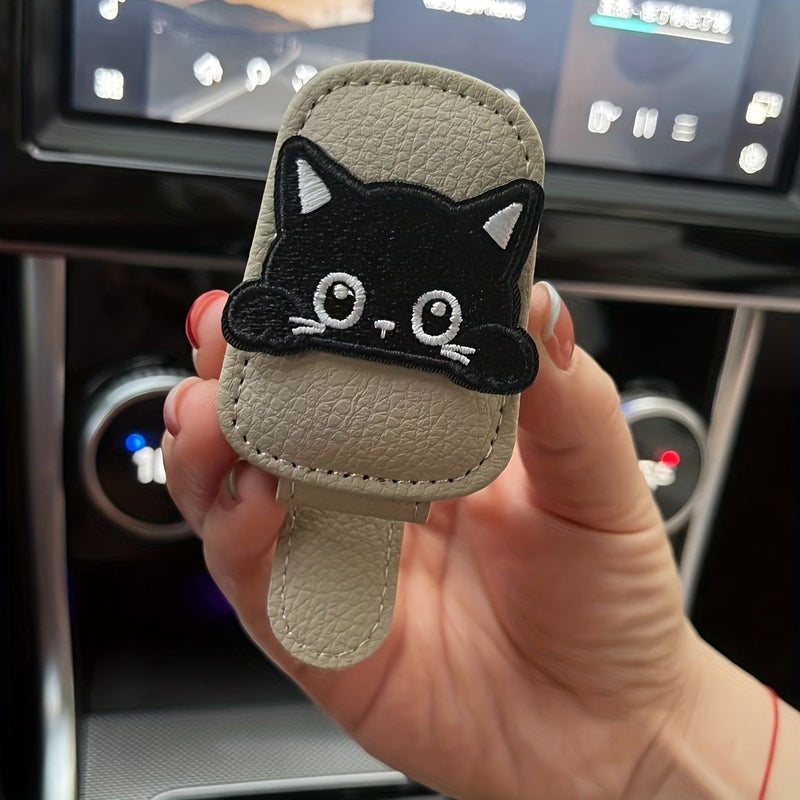 Beige Magnetic Car Sunshade Frame Cute Cat Shape Multifunctional Ticket Holder Durable Faux Leather Car Interior Decoration Sturdy Long Lasting - Image 4
