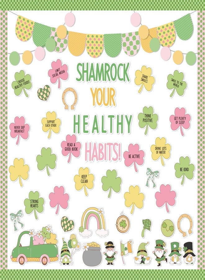 CPicdn 139Pcs St. Patrick’s Day Bulletin Board Decorations, Shamrock Cutouts Gnome Lucky Clover Name Tags Health Themed Classroom Bulletin Board Border Trims Office School Chalkboard Supplies Decor - Image 1