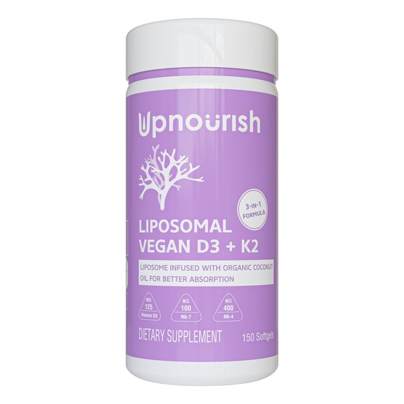 UpNourish Certified Vegan Vitamin D3 5000 IU K2 MK4 MK7 500 mcg Supplement 150 Softgels Plant Based Liposomal Vitamin D K with Organic Coconut Oil Non GMO Gluten and Gelatin Free