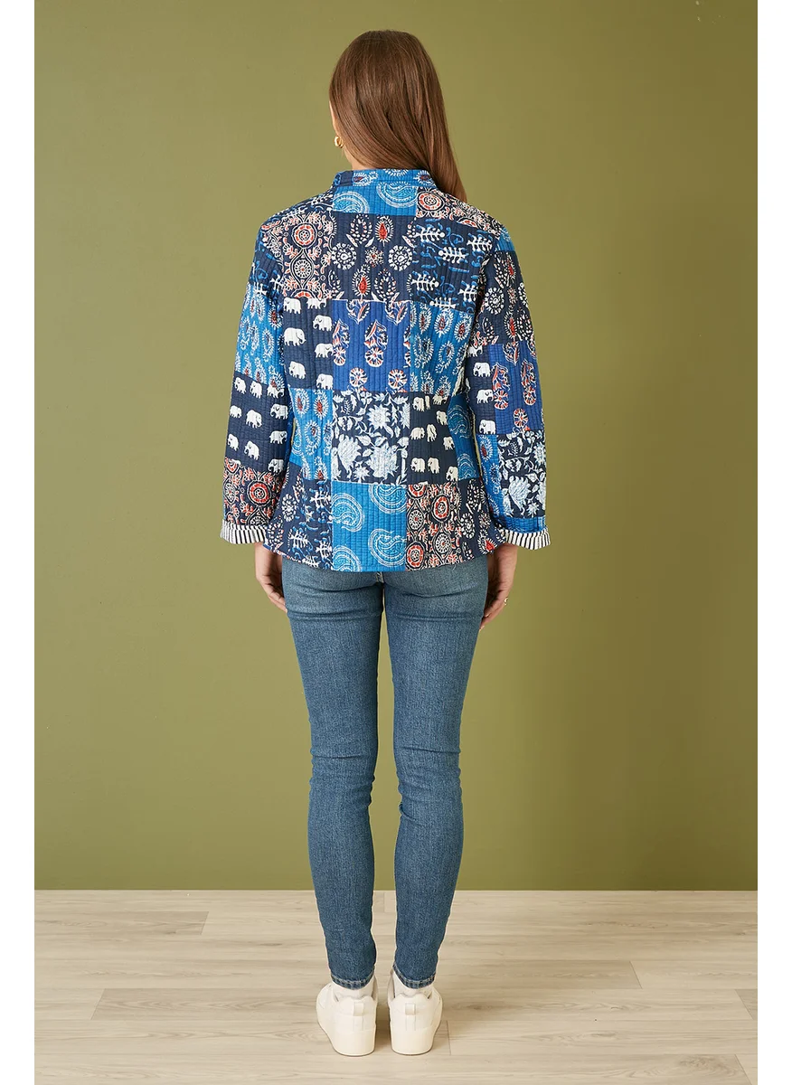 Yumi Yumi Blue Indian Patchwork Print Reversible Cotton Quilted Jacket