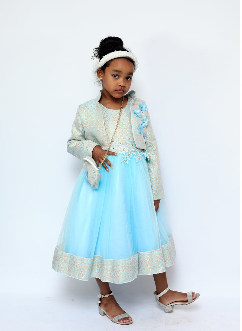 D'Daniela Samra Sky Blue Flowers Party Dress with Jacket  - Image 1