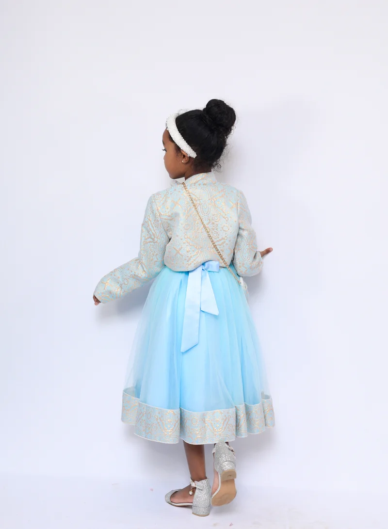 D'Daniela Samra Sky Blue Flowers Party Dress with Jacket