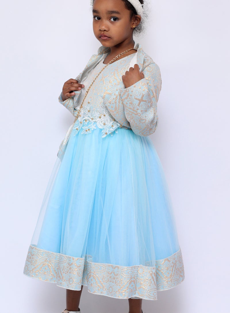 D'Daniela Samra Sky Blue Flowers Party Dress with Jacket  - Image 3