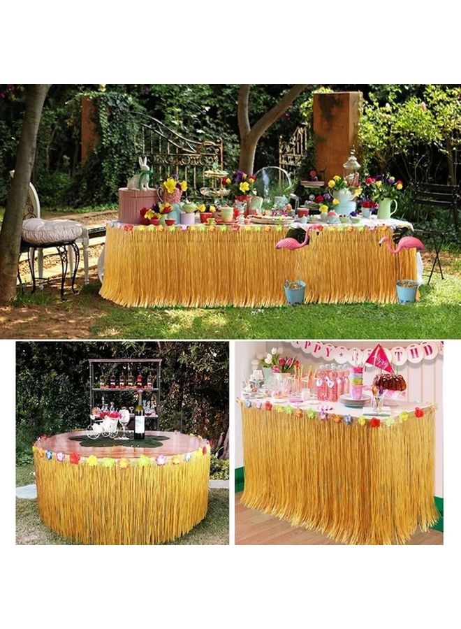 39 39.37x23.62 Inch Hawaiian Grass Table Skirt Tropical Luau Party Decorations For Birthday Beach Wedding Summer BBQ Foldable Straw Skirt Yellow Green Rectangular - Image 1