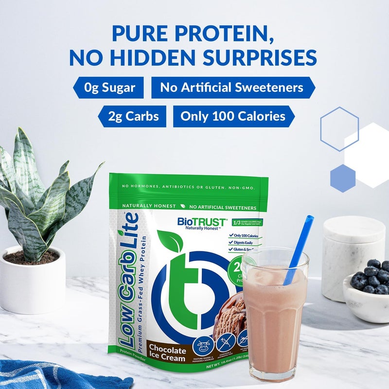 BioTrust Low Carb Lite 20 Grams of GrassFed Whey Protein Isolate 100 Calories ProHydrolase Digestive Enzymes NonGMO Free from Soy and Gluten rBGHFree 14 Servings Chocolate Ice Cream - Image 3