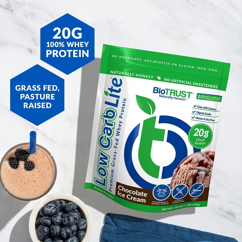 BioTrust Low Carb Lite 20 Grams of GrassFed Whey Protein Isolate 100 Calories ProHydrolase Digestive Enzymes NonGMO Free from Soy and Gluten rBGHFree 14 Servings Chocolate Ice Cream - Image 2