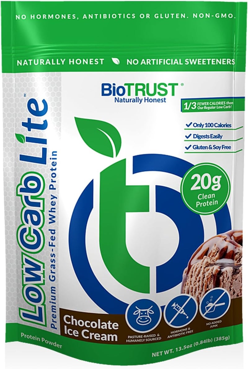 BioTrust Low Carb Lite 20 Grams of GrassFed Whey Protein Isolate 100 Calories ProHydrolase Digestive Enzymes NonGMO Free from Soy and Gluten rBGHFree 14 Servings Chocolate Ice Cream - Image 1