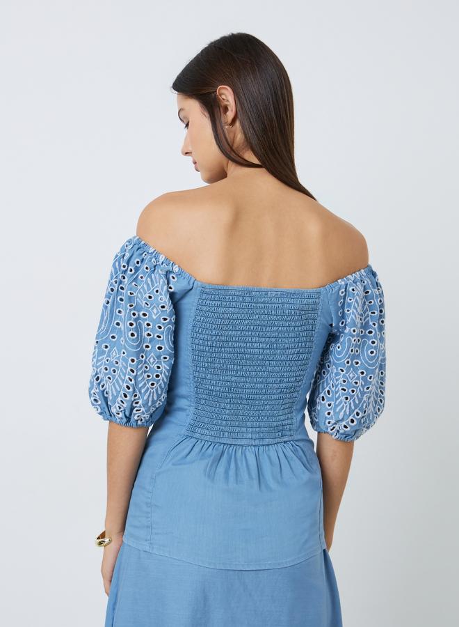 Styli Blue Embroidered Off-Shoulder Top - Image 4
