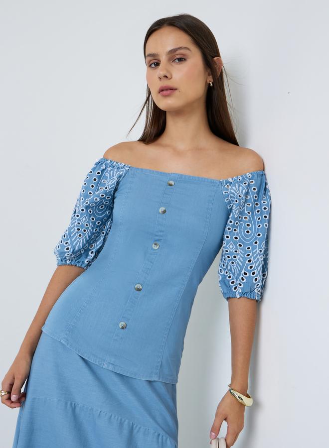 Styli Blue Embroidered Off-Shoulder Top - Image 1