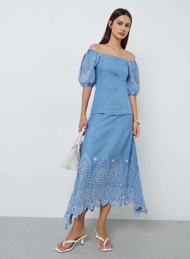 Styli Blue Embroidered Off-Shoulder Top - Image 2