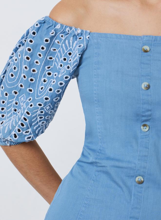 Styli Blue Embroidered Off-Shoulder Top - Image 3