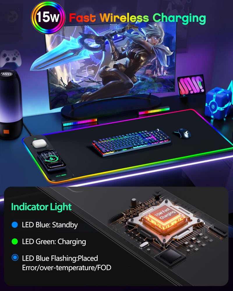 abc.mat 3-in-1 RGB Gaming Mouse Pad with Magnetic Wireless Charging, 31.5"x15.8" Large, 24 Light Effects, Non-Slip Base, Waterproof Ultra-Smooth Surface, with Adapter - Image 3