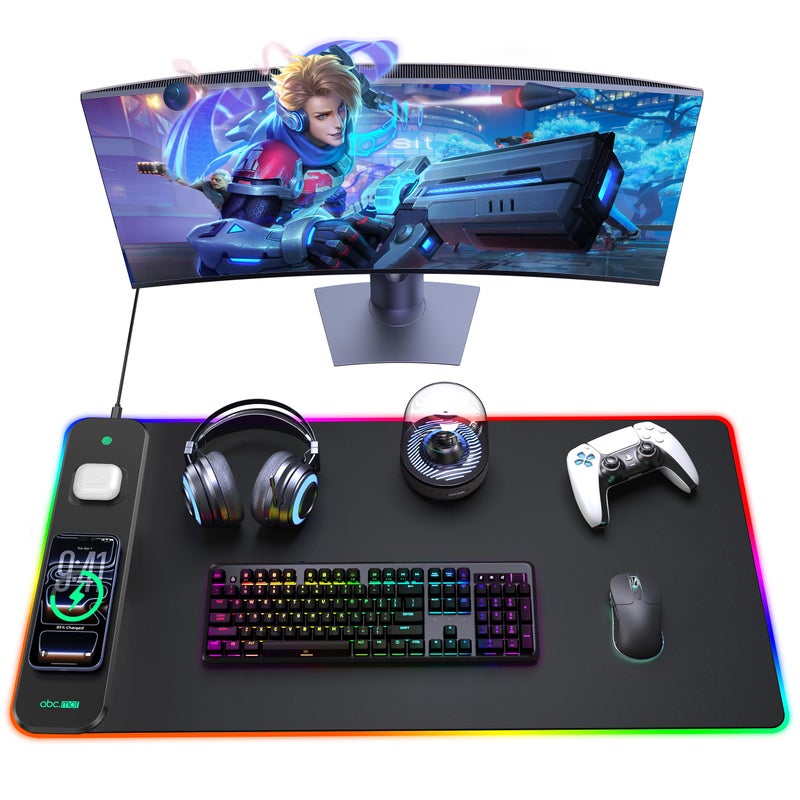abc.mat 3-in-1 RGB Gaming Mouse Pad with Magnetic Wireless Charging, 31.5"x15.8" Large, 24 Light Effects, Non-Slip Base, Waterproof Ultra-Smooth Surface, with Adapter - Image 1
