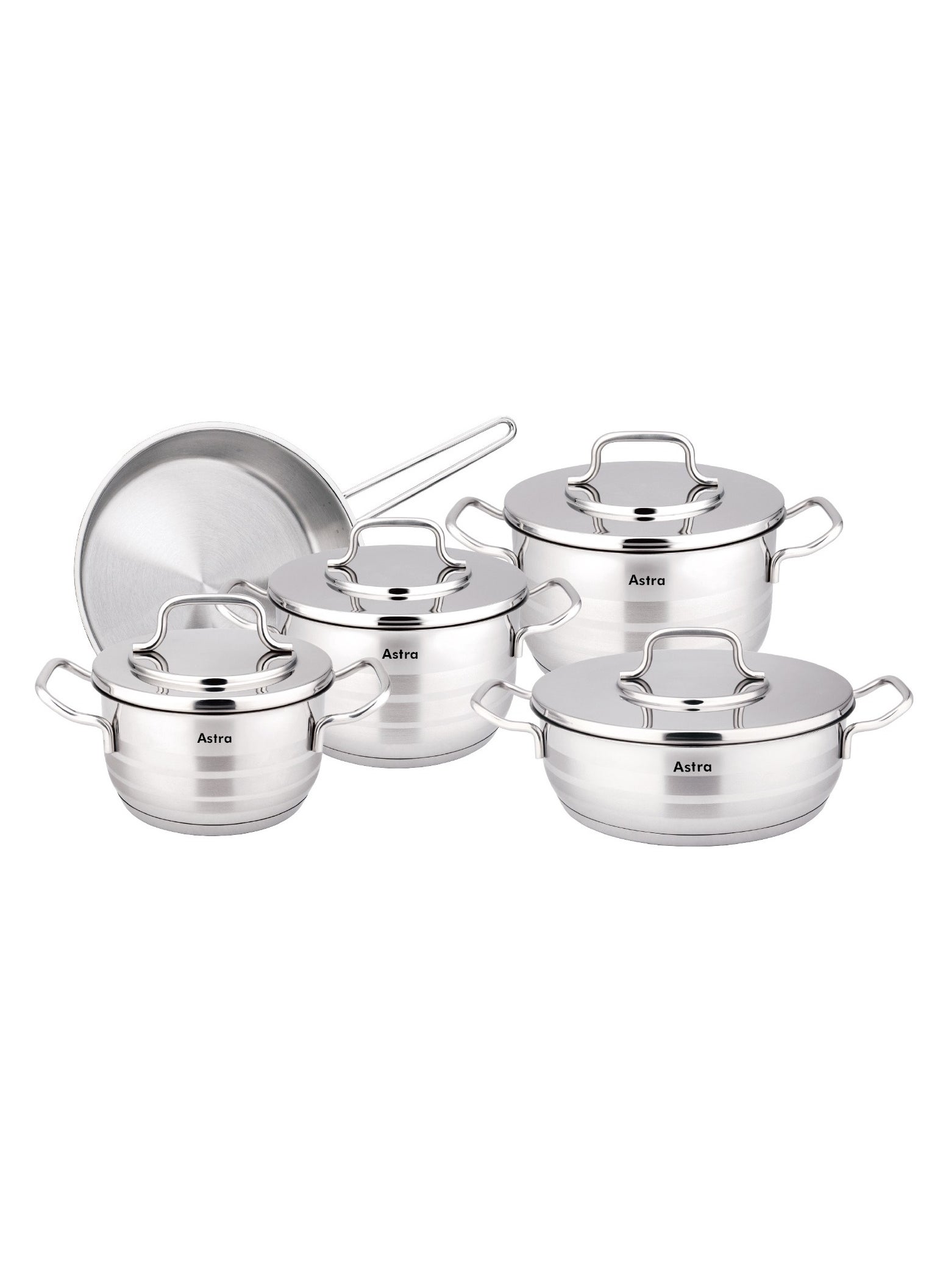 Astra 9-Piece Astra Premium Cookware Set - 18/10 Cr-Ni Stainless Steel - 3 Deep Pots - 1 Low Pot - 1 Frypan 