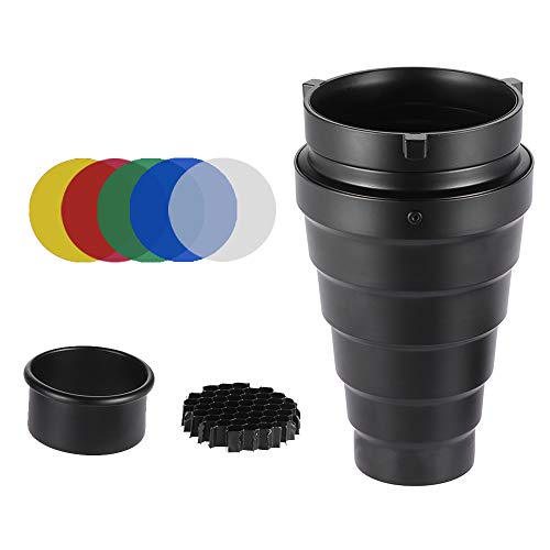 Andoer Photographic Lighting Monolights Bowens Mount Snoot Optical Snoot Metal Conical Snoot with Honeycomb Grid 5pcs Color Filter Kit for Bowens Mount Studio Strobe Monolight Photography Flash - Image 1