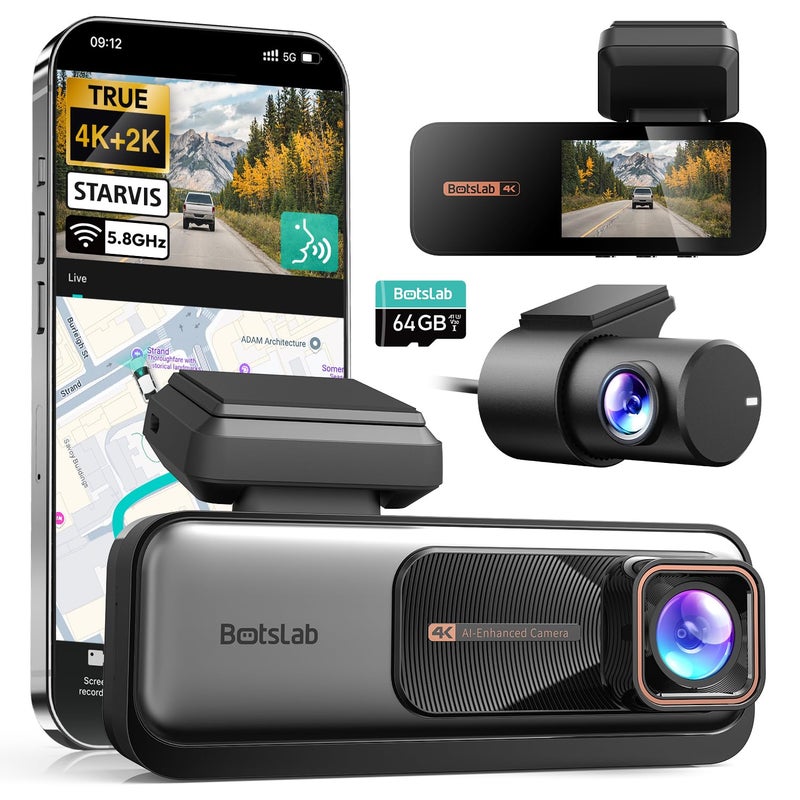 BOTSLAB 4K Dash Cam Front and Rear, Voice Control, ADAS, WDR, 64GB Card - Image 1