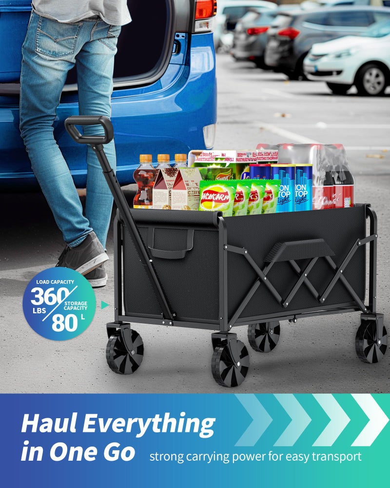 Kitsure Collapsible Wagon with Wheels, Foldable Dog Wagon Carts with 360lbs Load Capacity, Utility Shopping Cart, Black, 28.0" x 17.0" x 36.0" - Image 3