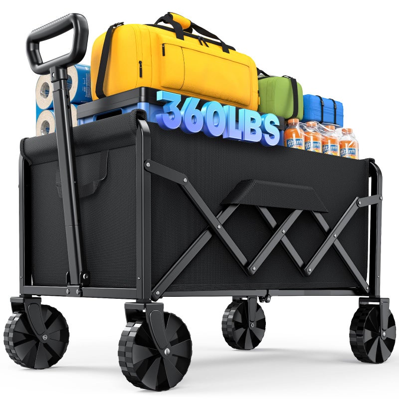 Kitsure Collapsible Wagon with Wheels, Foldable Dog Wagon Carts with 360lbs Load Capacity, Utility Shopping Cart, Black, 28.0" x 17.0" x 36.0" - Image 1