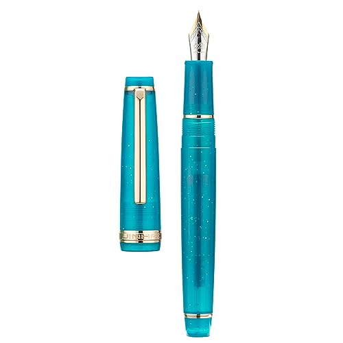 Wikult Jinhao 82 Acrylic Fountain Pen, Iridium Extra Fine Nib with Ink Converter, Transparent Peacock Blue Fluorescent Classic Design Smooth Writing Pen (Gold Trim) - Image 1