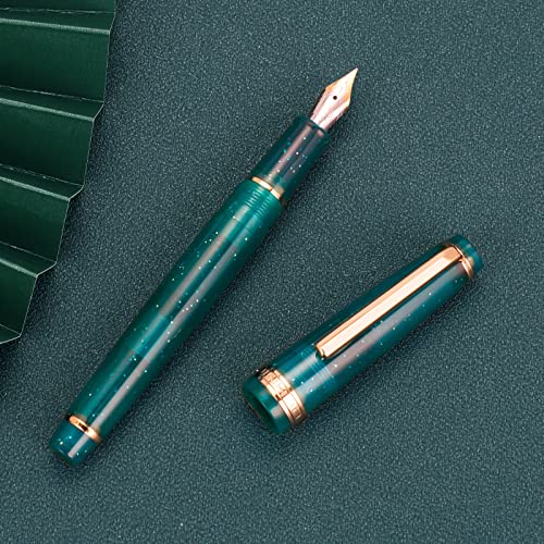 Wikult Jinhao 82 Acrylic Fountain Pen, Iridium Extra Fine Nib with Ink Converter, Transparent Peacock Blue Fluorescent Classic Design Smooth Writing Pen (Gold Trim) - Image 5