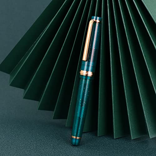 Wikult Jinhao 82 Acrylic Fountain Pen, Iridium Extra Fine Nib with Ink Converter, Transparent Peacock Blue Fluorescent Classic Design Smooth Writing Pen (Gold Trim) - Image 3