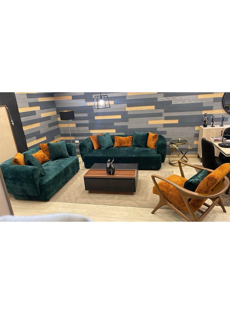 Modern living room complete - 3-seater sofa + 2-seater sofa + armchair - luxurious red beech wood, olive color