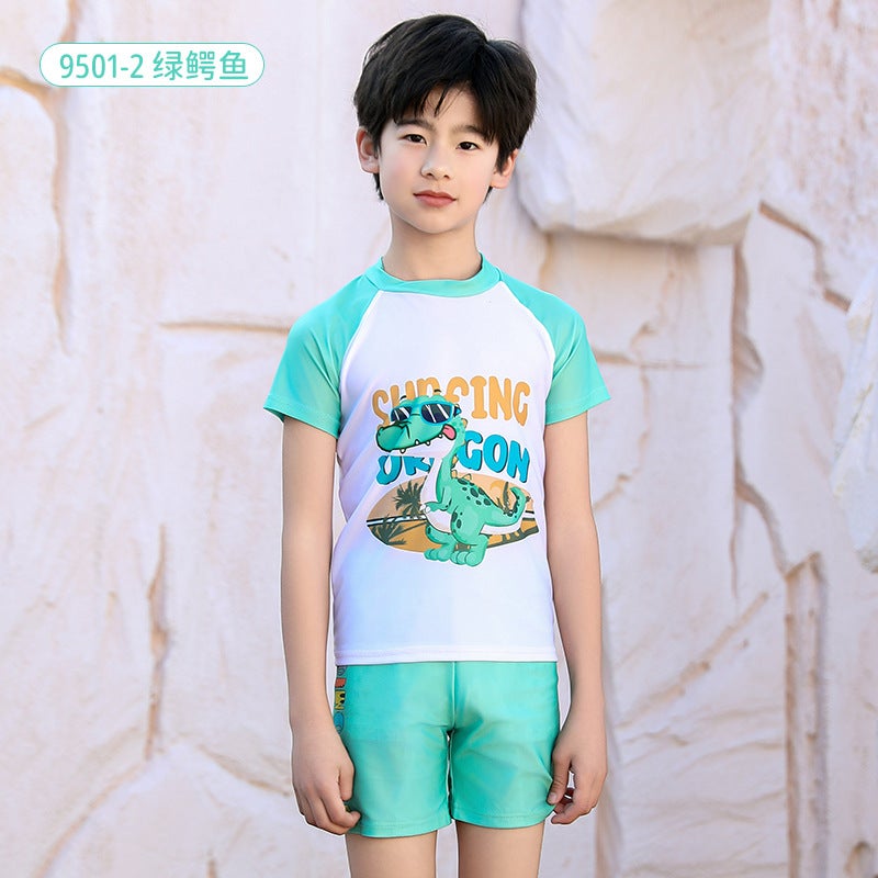 Big Kidsren''s Thin Split Short-Sleeved Swimsuit Cartoon Fashionable Green Printed and Dyed Quick-Drying Fabric Refreshing and Comfortable Skin-Friendly Swimsuit - Image 1