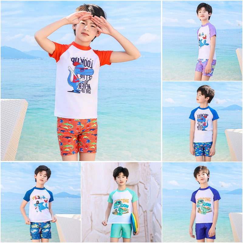 Big Kidsren''s Thin Split Short-Sleeved Swimsuit Cartoon Fashionable Green Printed and Dyed Quick-Drying Fabric Refreshing and Comfortable Skin-Friendly Swimsuit - Image 2