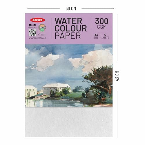 Anupam Professional Watercolour Paper | A3 (42X30CM) 300 GSM Cold Pressed Paper |Acid-Free 5 Sheets| Ideal for Artist, Professional Drawing, Painting Dry & Wet, Fine Art, School, Students - Image 2