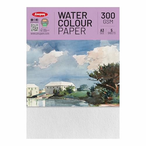 Anupam Professional Watercolour Paper | A3 (42X30CM) 300 GSM Cold Pressed Paper |Acid-Free 5 Sheets| Ideal for Artist, Professional Drawing, Painting Dry & Wet, Fine Art, School, Students - Image 1