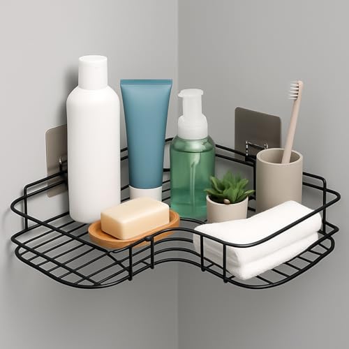 RACKORA Metal Bathroom Organiser Without Drill Bathroom Corner Shelf Adhesive Stand for Corner Rack for Bathroom, Shampoo Holder for Bathroom Accessories-Multipurpose(1 Pcs Corner) Black - Image 1
