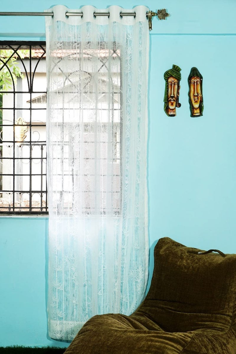 Parda online 5 ft Russel Net Web Fabric Palm Tree Window Curtain (White) | Eyelet Window Curtain | Vintage Print | Pack of 2 | 152 L x 121 W Centimeters - Image 2