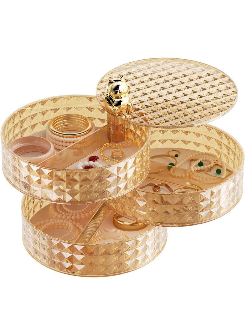 Arabest صندوق مجوهرات دوار 3 طبقات 360 درجة، منظم مجوهرات كبير، للنساء والفتيات المراهقات، حامل أقراط قابل للتكديس 3 طبقات، صندوق تخزين مجوهرات للأساور، الخواتم، القلائد، الساعات (بني) - Image 1