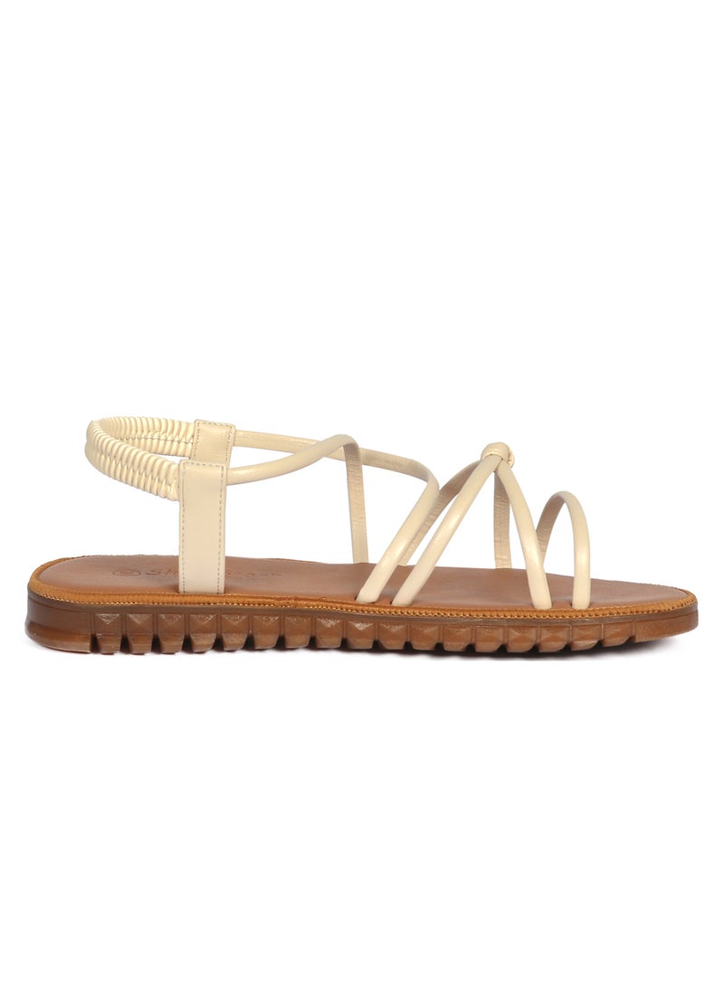Ladies Flat Sandal Tan/White with straps Open Toe, Casual, Soft  - Image 3