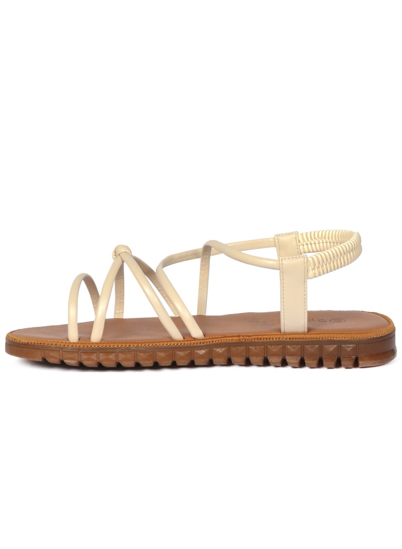 Ladies Flat Sandal Tan/White with straps Open Toe, Casual, Soft  - Image 4