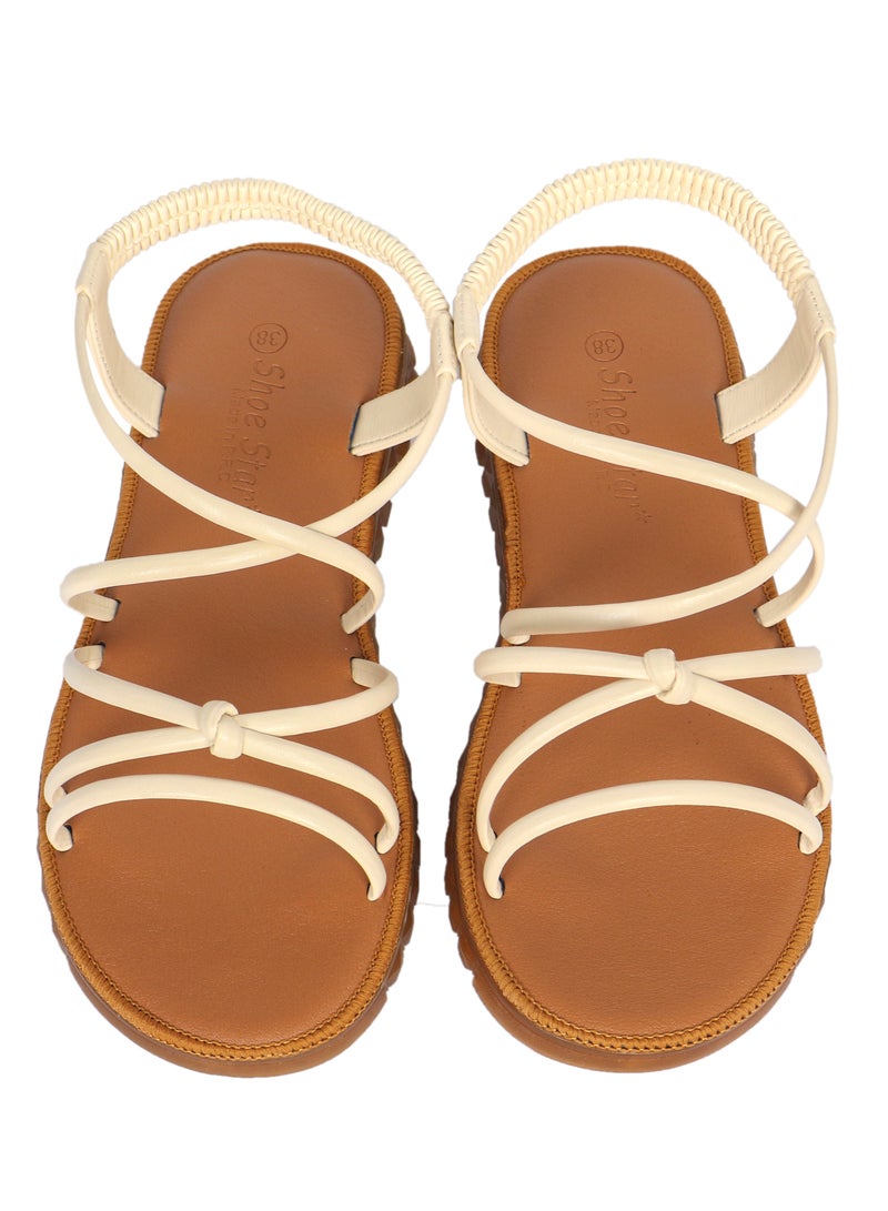 Ladies Flat Sandal Tan/White with straps Open Toe, Casual, Soft  - Image 2